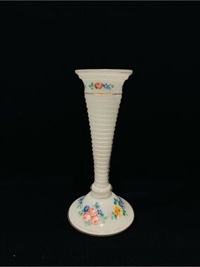 Antique Czechoslovakia Milk Glass Hand Painted Vase 9” Tall